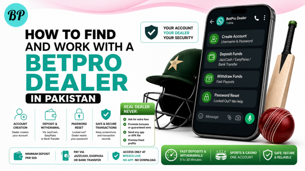 BetPro dealer in Pakistan helping users open accounts, deposit funds, and withdraw winnings